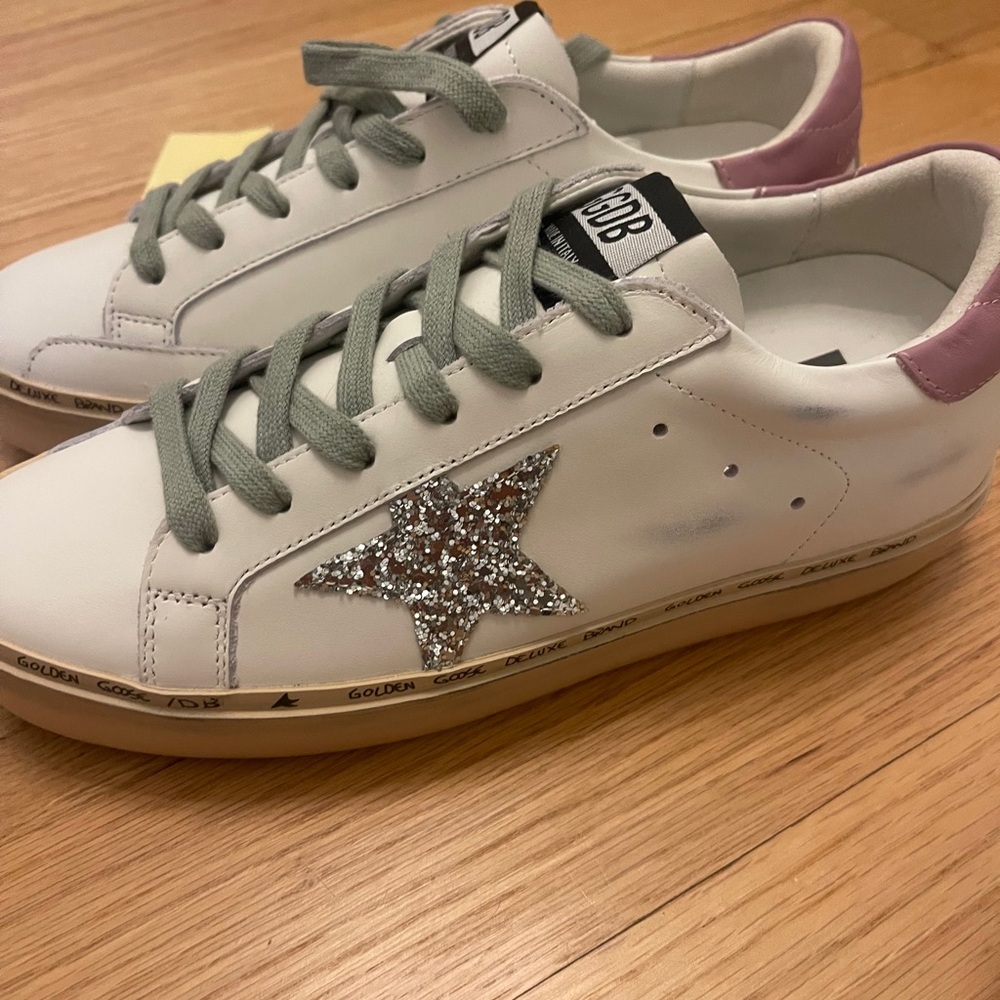 Golden Goose White Sneakers with Pink and Silver Accents